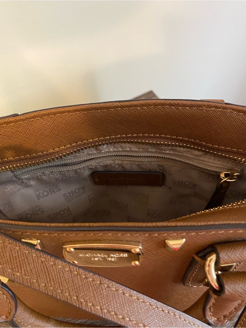 Michael Kors Brown Studded Saffiano Leather Mini Satchel with Gold Hardware! - Picture 6 of 7